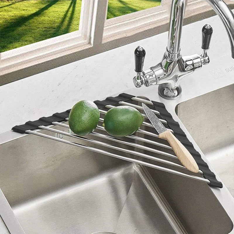 Roll-Up Corner Sink Rack for Draining and Kitchen Storage