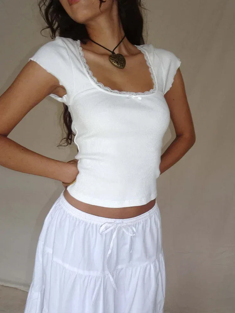 Lace Trim Knit Crop Top Women – Vintage Square Neck Tee