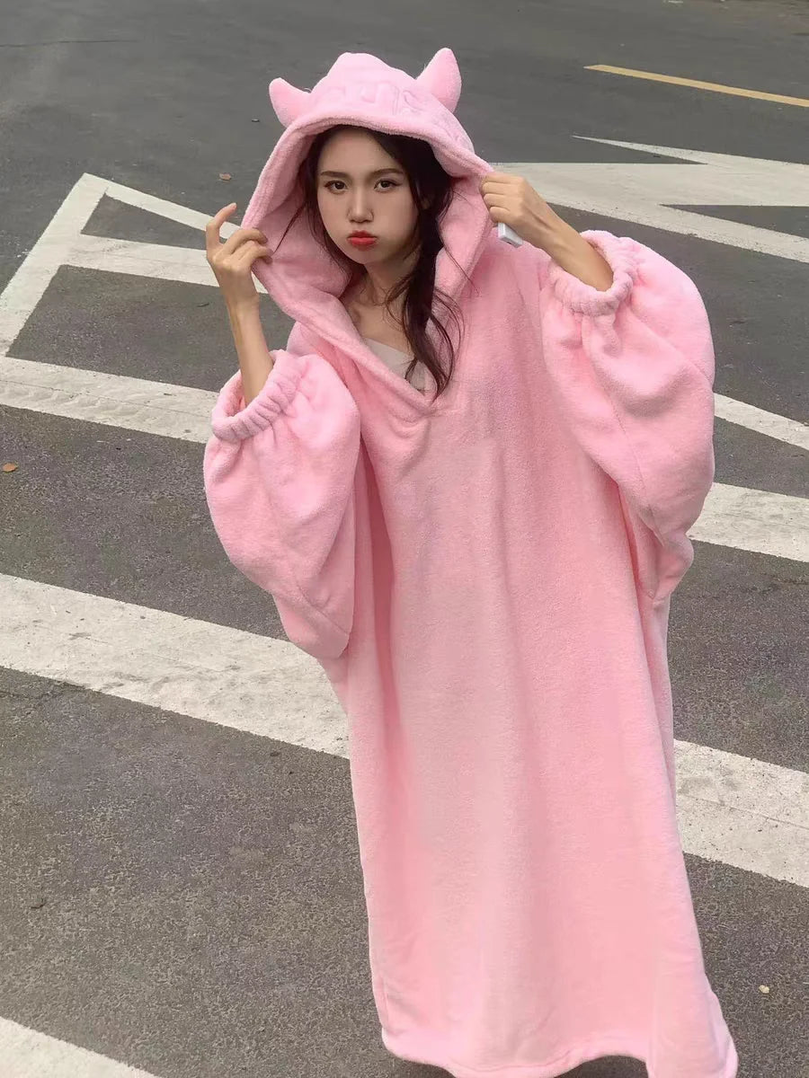Ins Winter Thiened Coral Fce Pajamas Women's Spwear Hooded Fluffy Warm Nightgown Robe Long Sve Mid-Length Home Clo...
