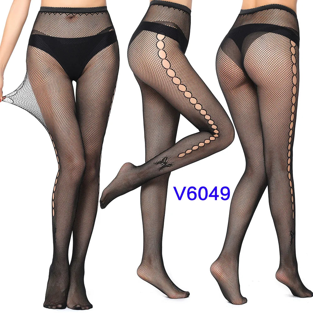 Women Sexy Fishnet Tights Jacquard Weave Seamless Pantyhose Yarns Garter Grid Fish Net Stockings Black Spider Gothic Lace Tights V6049 One Size