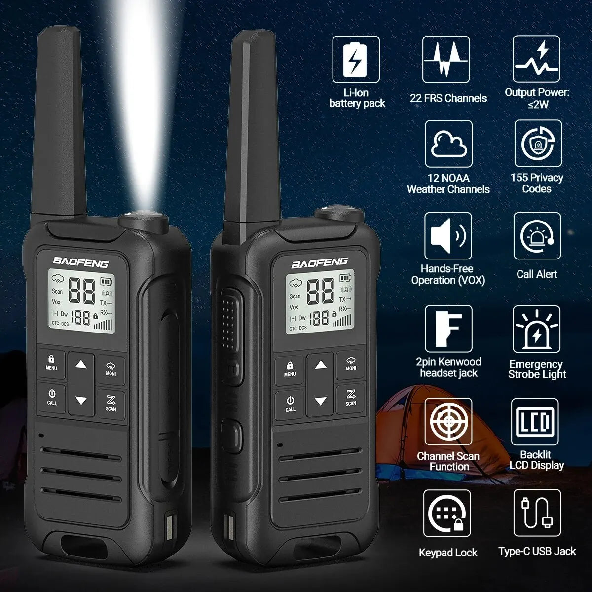 2pcs Baofeng F22 Mini Walkie Talkies - Long Range, Waterproof, Rechargeable, Kids Two-Way Radio with Type-C Charging for Camping & Outdoor Adventures - Dicrodelights