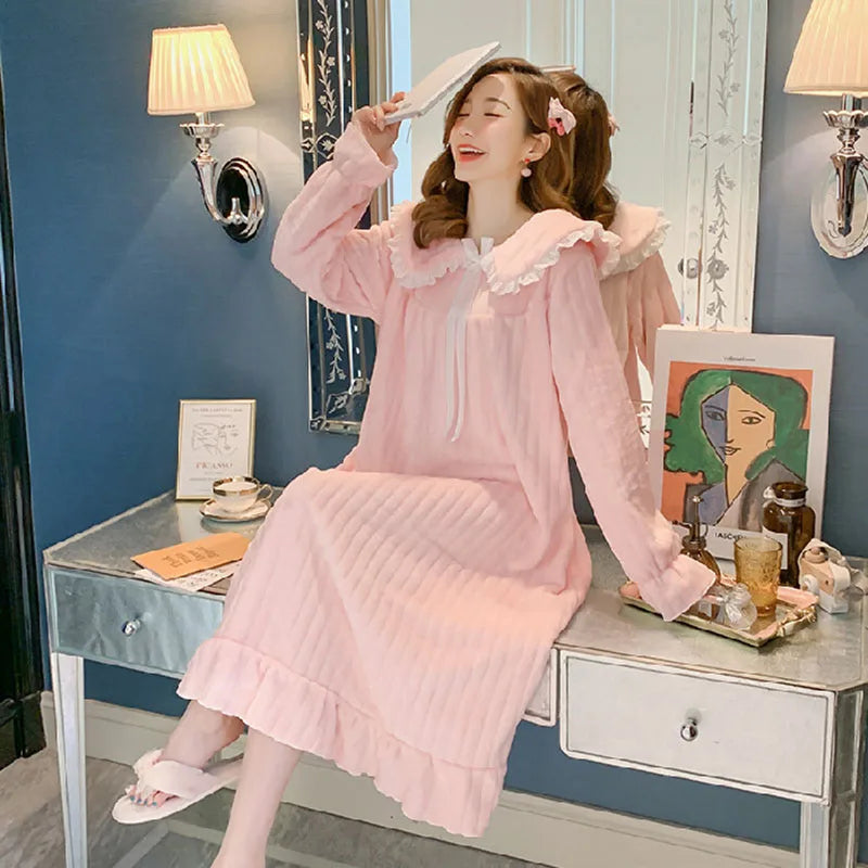 Womens Nightwear Nightdress Flannel Thickened Solid Colour Nightgown Doll Collar Student Warm Coral Velvet Ruffle Dress Robes Se Pink