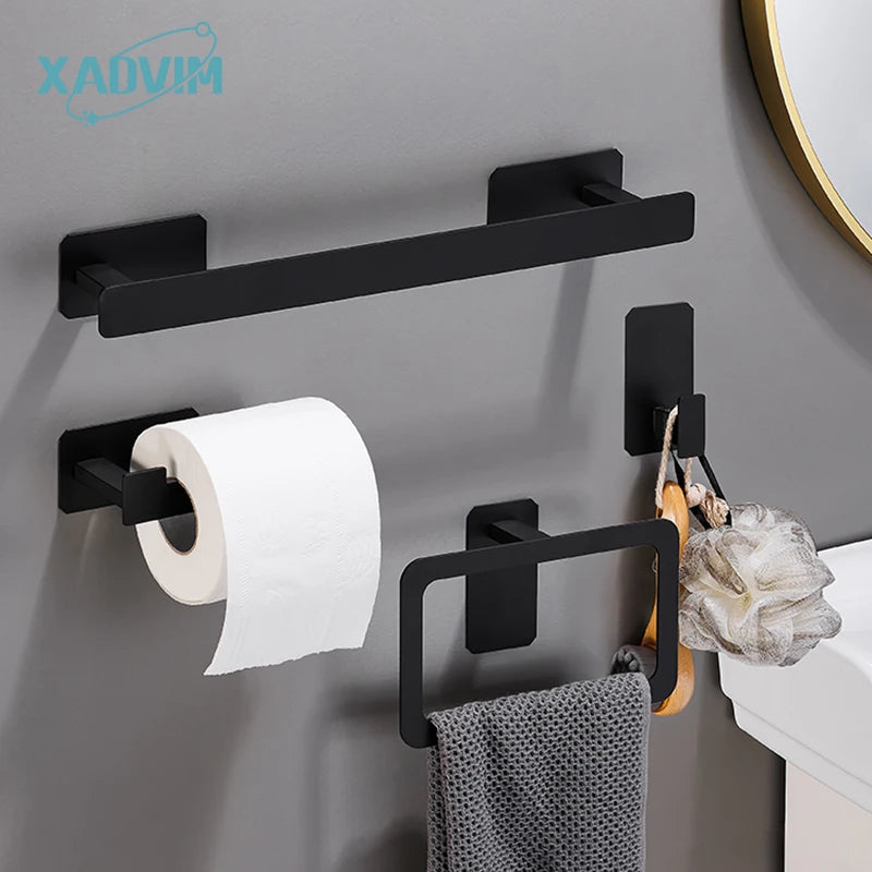No Drilling Matte Black Bright Sliver Stainless Steel Towel Bar Towel Ring Roll Paper Holder Robe Hook Bathroom Accessories Set
