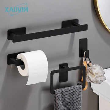 No Drilling Matte Black Bright Sliver Stainless Steel Towel Bar Towel Ring Roll Paper Holder Robe Hook Bathroom Accessories Set