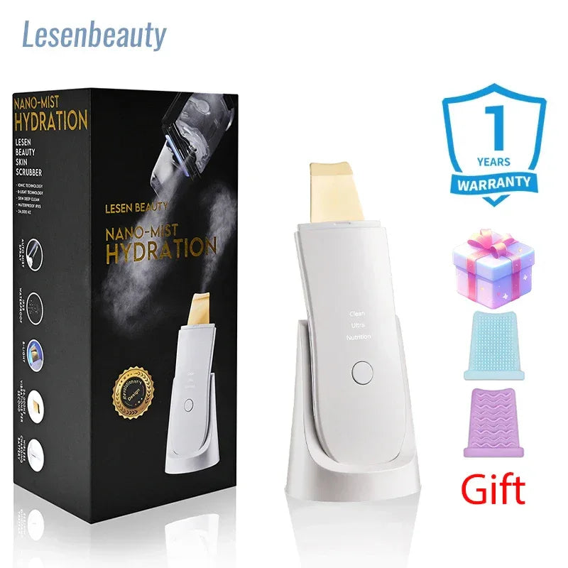 Ultrasonic Face Scrubber Facial Peeling Skin Scrubber Deep Facial Cleaning Spatula Acne Pore Ultrasonic Scrubber Facial Cleanser White 24k gold head