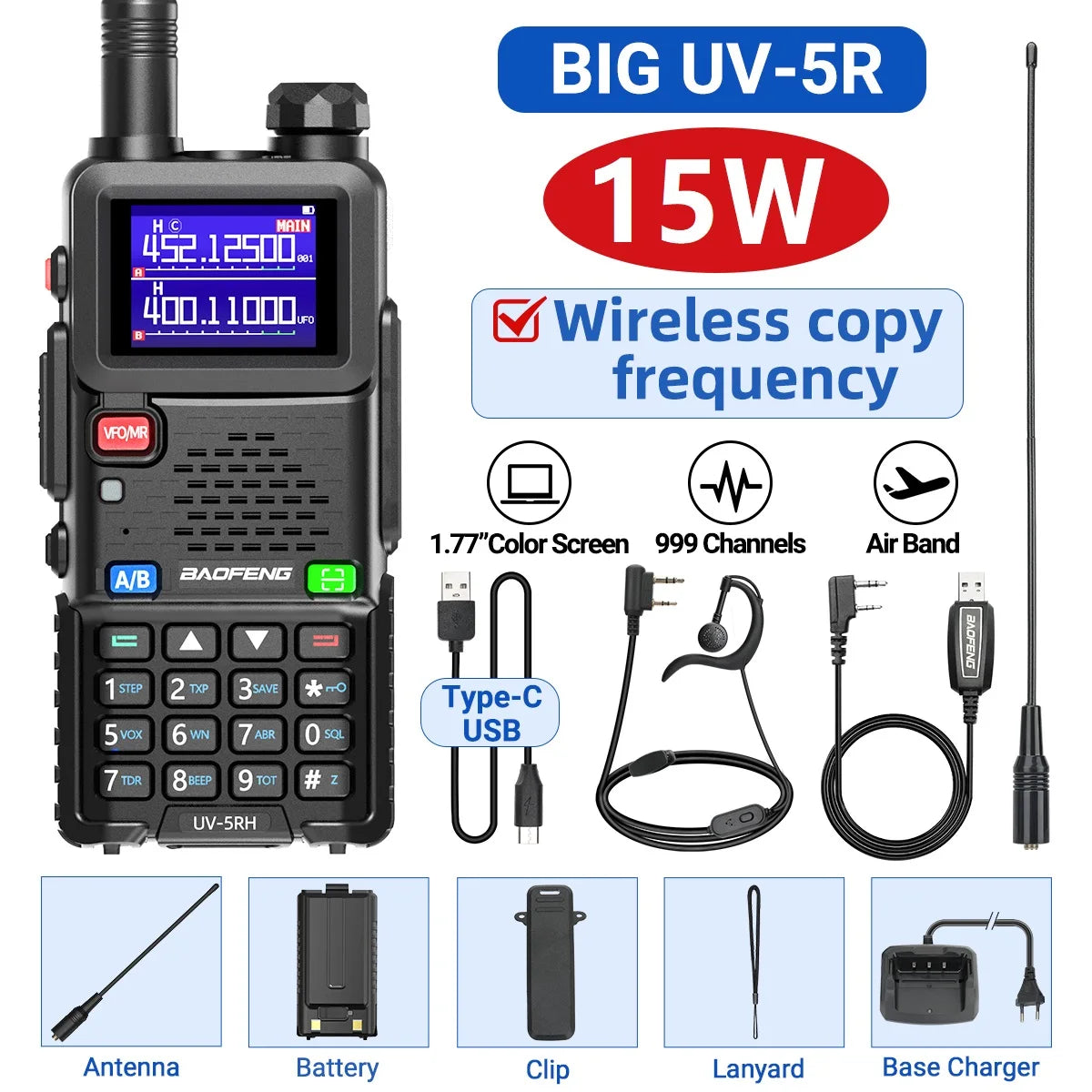 Baofeng UV-5RH 10W Walkie Talkie Long Range Ham Radio Type-C Charging Air Band Two-Way Wireless Transceiver - Dicrodelights