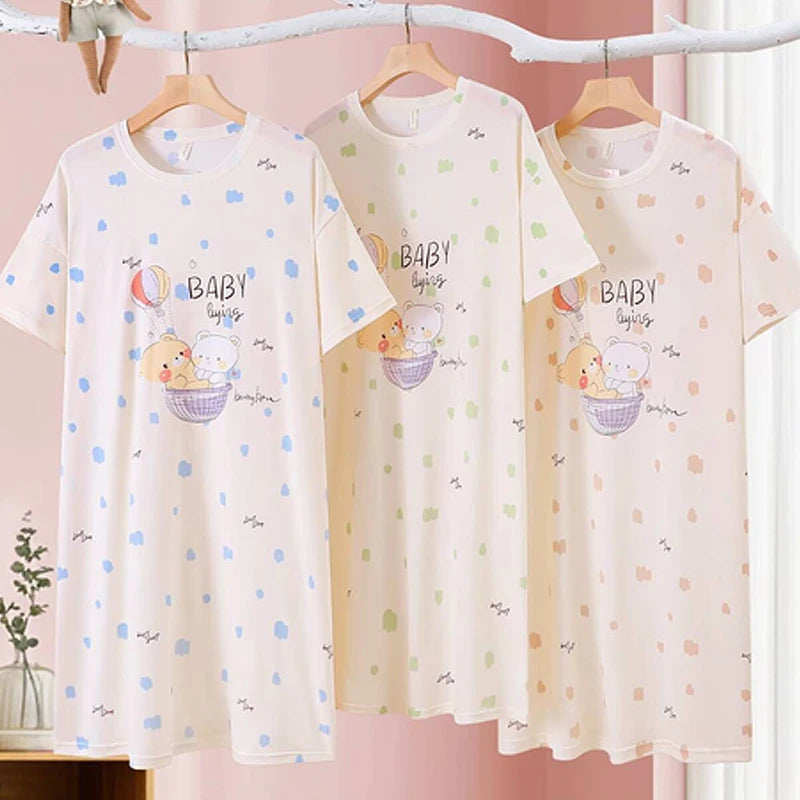 Cotton Fabric Pajamas Dress Women Comfortable Nightdress Loose Cute Long Skirt Cartoon Thin Student Sweet Cartoon Bear Sleepwear Onesize