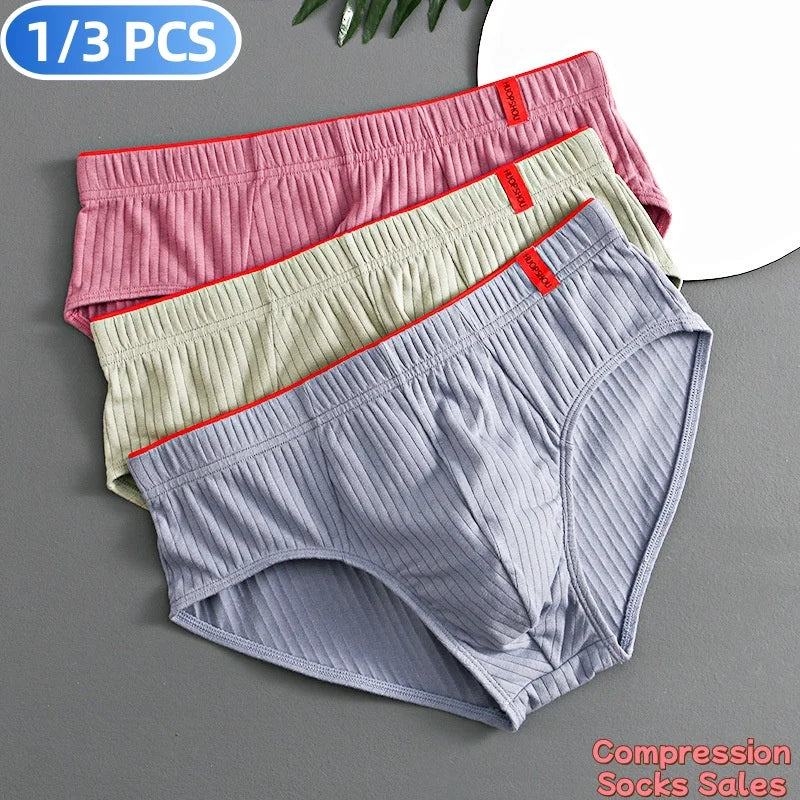 1/3PCS Men Briefs Mid Waist Elastic Soft Breathable Anti-septic U Convex Striped Solid Color Casual Men Underpants underwear men