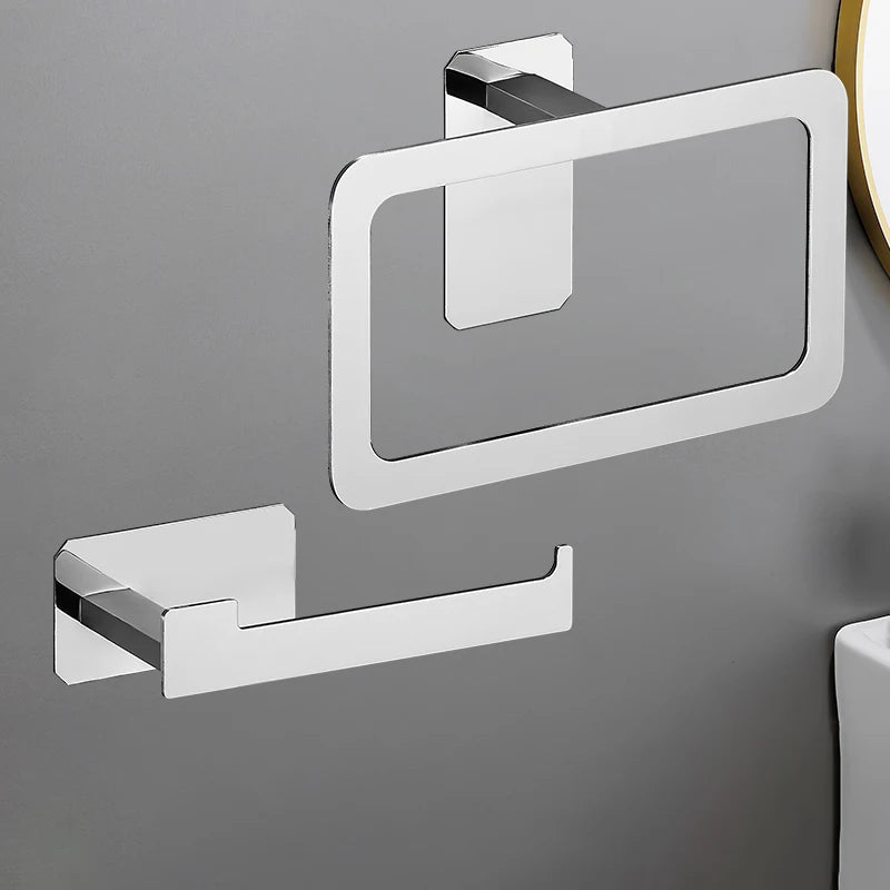 No Drilling Matte Black Bright Sliver Stainless Steel Towel Bar Towel Ring Roll Paper Holder Robe Hook Bathroom Accessories Set Sliver 2pcs Set