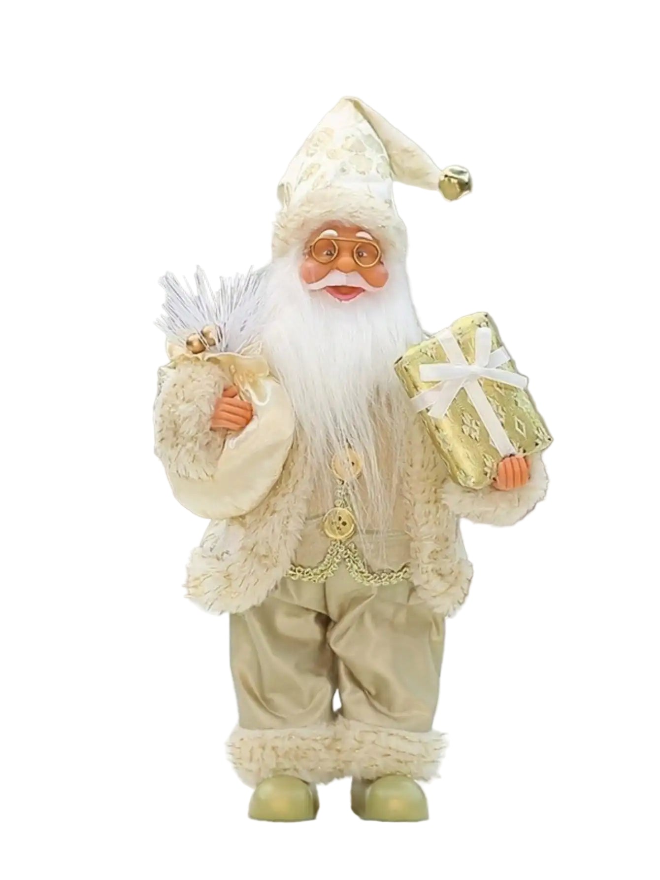12-Inch Classic Santa Claus Statue – Premium Golden & Silver White Christmas Decor for Home, Kitchen, Office & Hotel | Festive Holiday Ornament Beige gold
