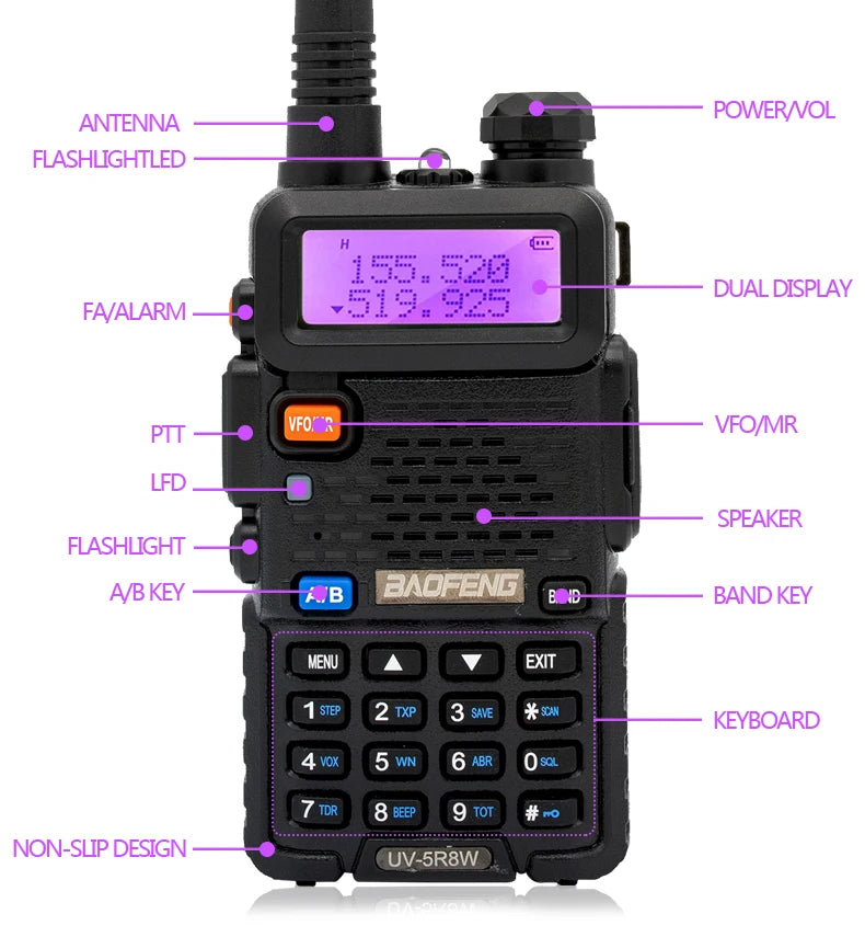 Baofeng UV‑5R eight-watt VHF/UHF dual-band walkie‑talkie with LCD display and antenna
