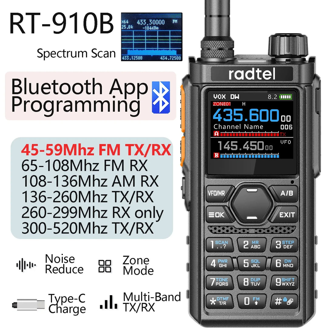 Radtel RT-910B Bluetooth App Programing and Noise Reduction Ham Radio 45-59Mhz TX RX Walkie Talkie Air Band NOAA Police Marine