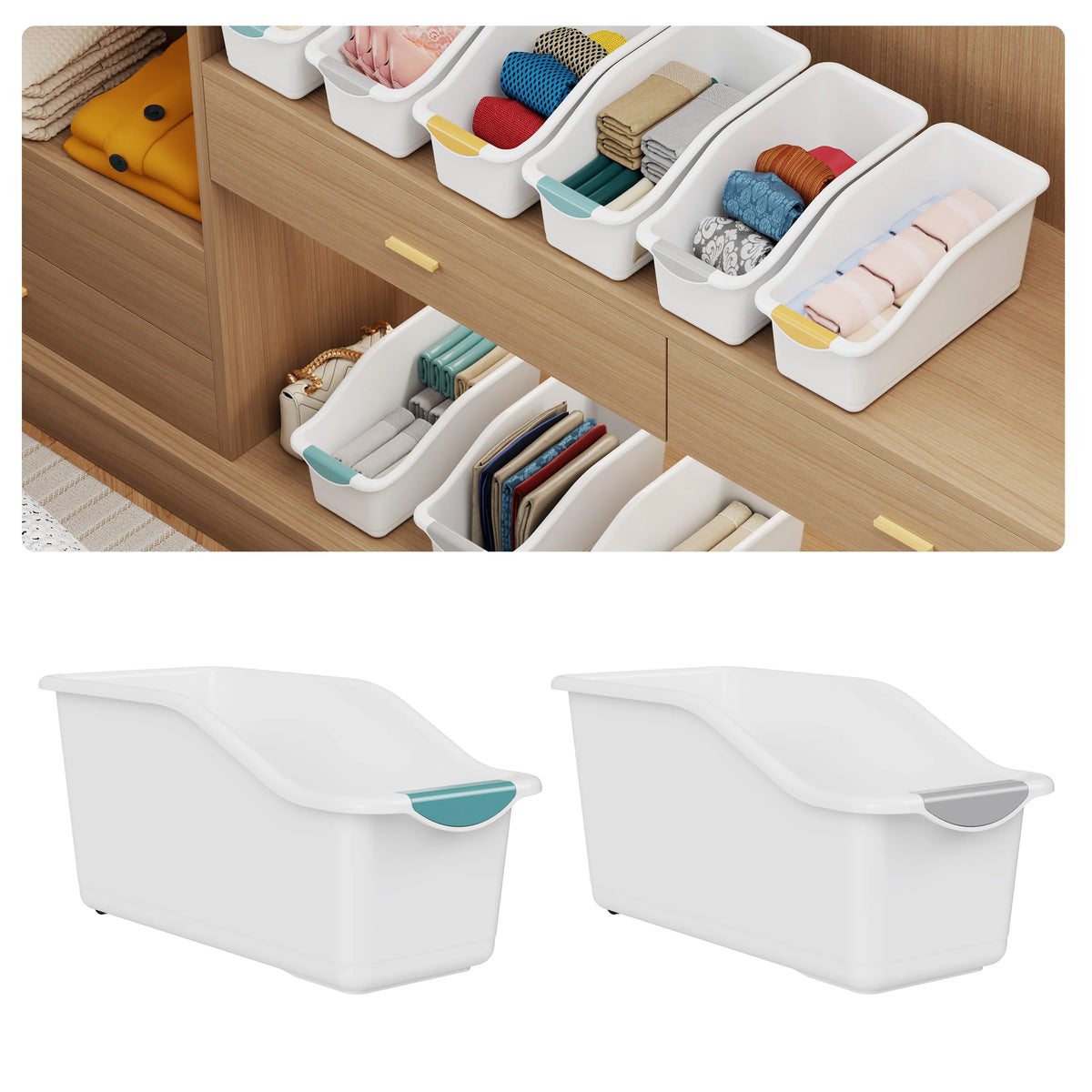 2pcs Curved Design Storage Boxes - Heavy-Duty Plastic Organizer, White Space-Saving Container for Under Sink, Pantry & Cabinet Green Grey