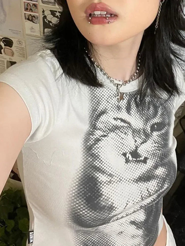 Cat Print Crop Top – Y2K Harajuku Women's Graphic Tee