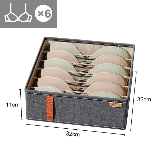 Fabric Underwear Drawer Organiser for Bras Socks and Ties 6grids-Dark gray