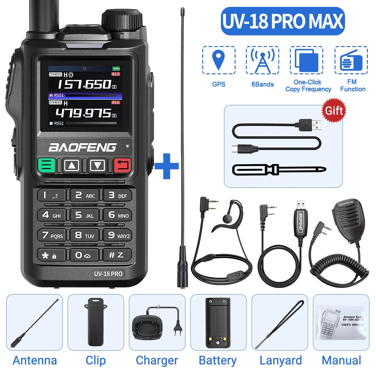 Baofeng UV18 PRO MAX GPS Walkie Talkie, 10W, Long Range, Type-C, Six-Band, Wireless Frequency, Ham Radio for Hunting - Dicrodelights