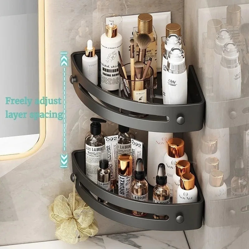 Black No Drill Corner Shower Shelves with Drainage and Hooks