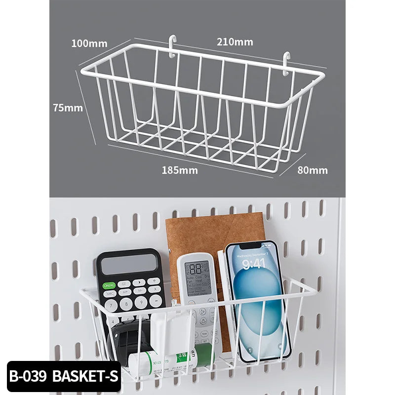 No Drill Desktop Pegboard Rack Gaming Room Organizer For Controllers Headphones Switch Figurine Stationery Storage White Basket-S