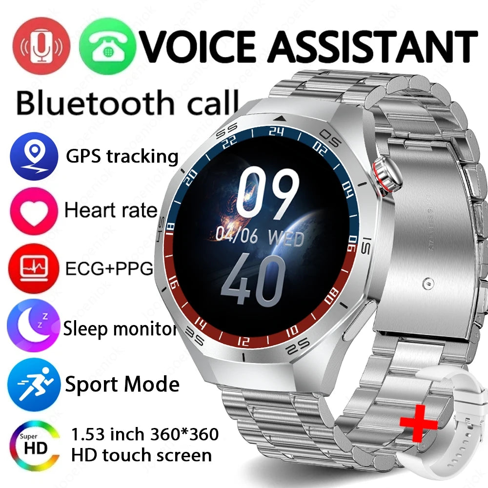 2025 New GT5 Pro GPS Track Smart Watch Men 360*360 AMOLED Screen NFC BT Call Waterproof Health Monitor Man Smartwatches IOS Silver steel