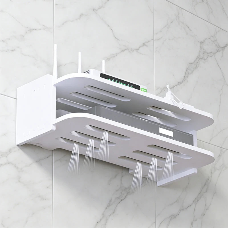 2 Tier Wall Mounted Router Shelf with Hooks for Cables and TV Box