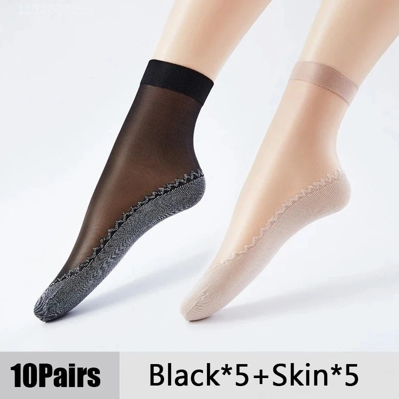 1/10Pairs Womens Anti-Slip Cotton Sock Thin Socks Casual Non-Slip Bottom Splice Spring-Autumn Transparent Ladies Breathable Sock 5Black 5Skin One Size