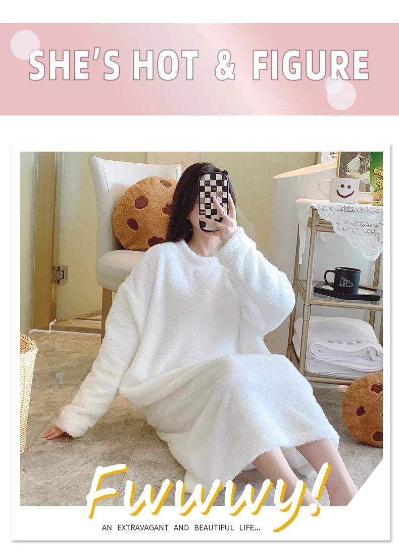 Warm Fleece Nightgown Women's Loose Comfortable Home Clothes plus Size Solid Color Simple Design Sleepwear Casual Outerwear