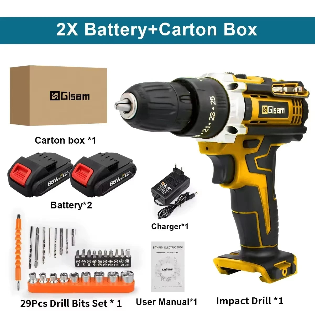 Gisam 25+3 Torque Electric Impact Screwdriver Multifunctional Cordless Drill Power Tool Setting 2 Gear Speed with 2 Batteries 2 Battery Set A
