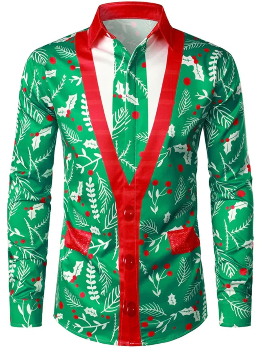 Men’s Christmas Muscle Suit Shirt – 3D Funny Christmas Tree Print, Soft & Comfortable Holiday Casual Shirt (2025 Edition) YCZHK2024091RF