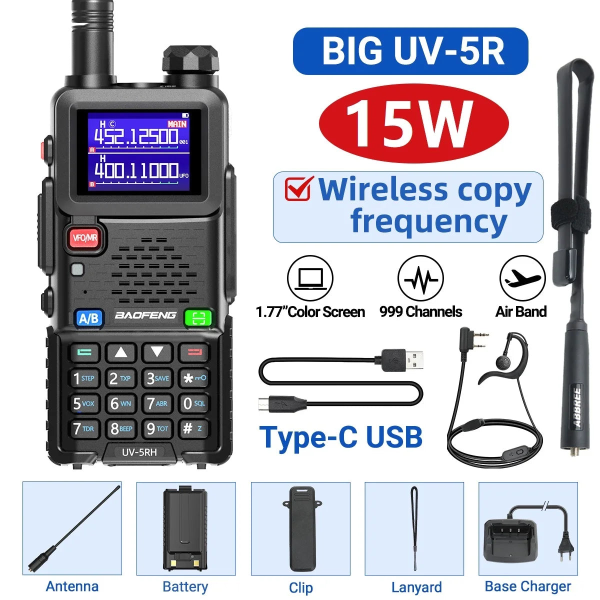 Baofeng UV-5RH 10W Walkie Talkie Long Range Ham Radio Type-C Charging Air Band Two-Way Wireless Transceiver - Dicrodelights