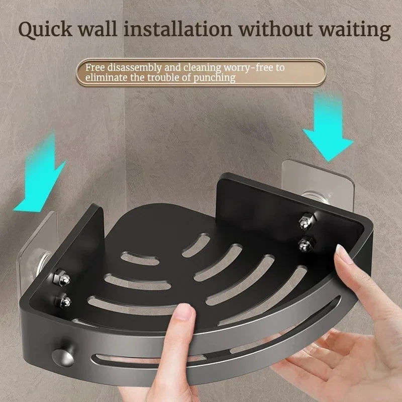 Black No Drill Corner Shower Shelves with Drainage and Hooks