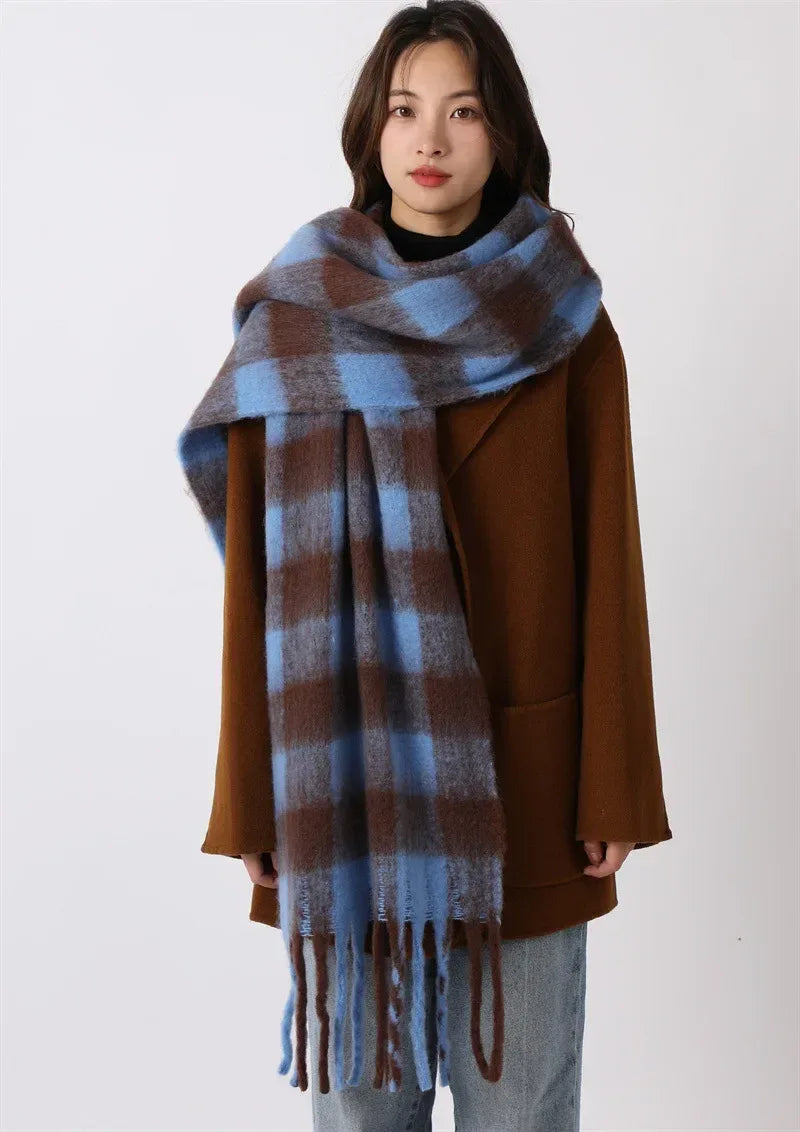 Women's Cashmere Winter Scarf – Thick Knitted Warm Shawl Small plaid blue]]