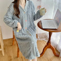 Thickened Flannel Sleepwear V-neck Home Clothes Women's Coral Fleece Robe Autumn Winter Patterned Fresh Flower Nightgown 8807 Blue