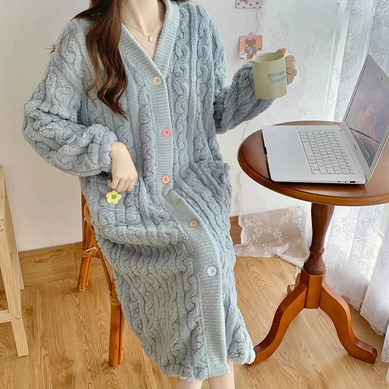 Thickened Flannel Sleepwear V-neck Home Clothes Women's Coral Fleece Robe Autumn Winter Patterned Fresh Flower Nightgown 8807 Blue