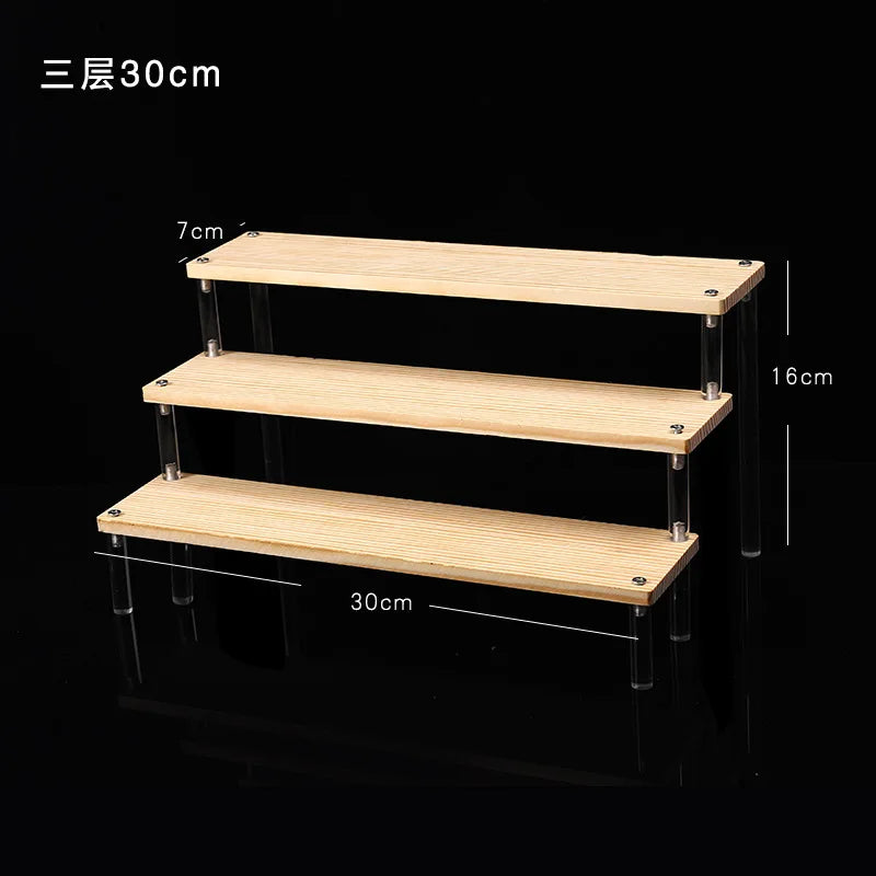 Tiered Display Stand for Figures with Clear or Wood Effect Shelves 3 tier 30x7cm