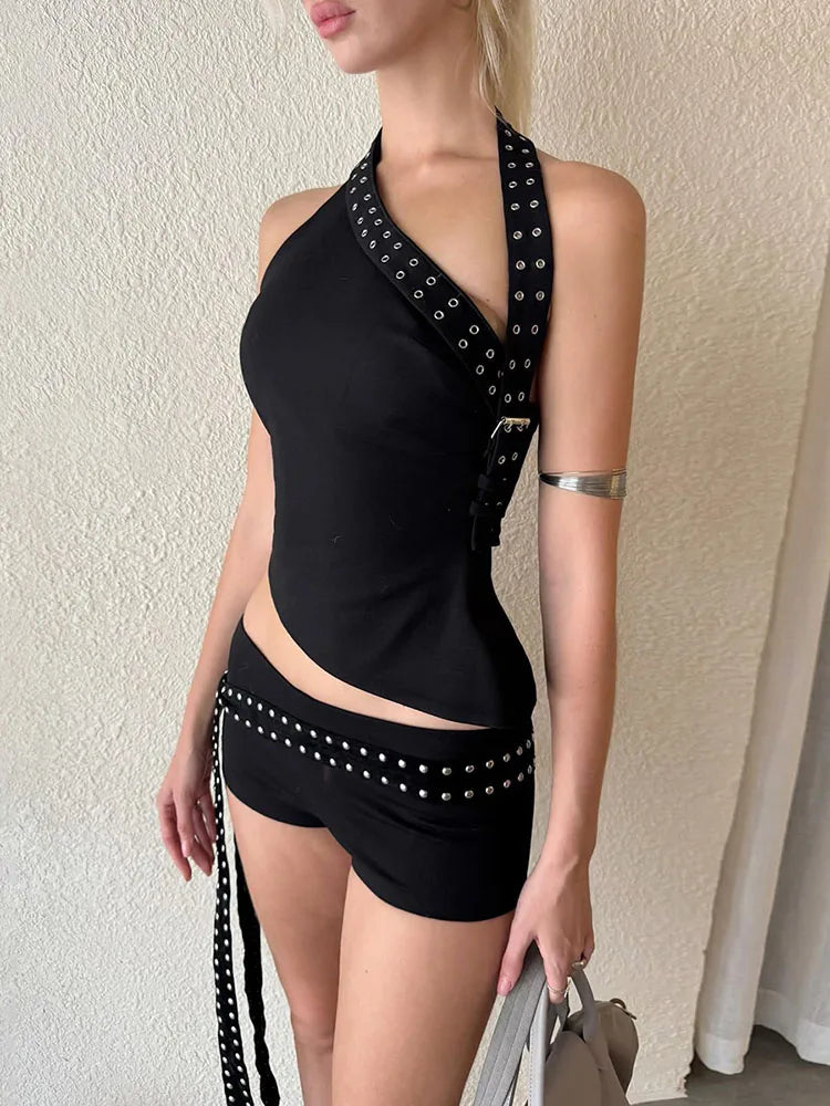 Nibber Sexy Hollow 3-Piece Set Women Hollow Biased Collar Backless Vests+Rivet Waistband+Simple Solid Shorts Slim Midnight Suits black