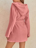 1 piece of women's solid color hooded robe with belt, cozy and warm fleece pajamas for home wear in autumn and winter.