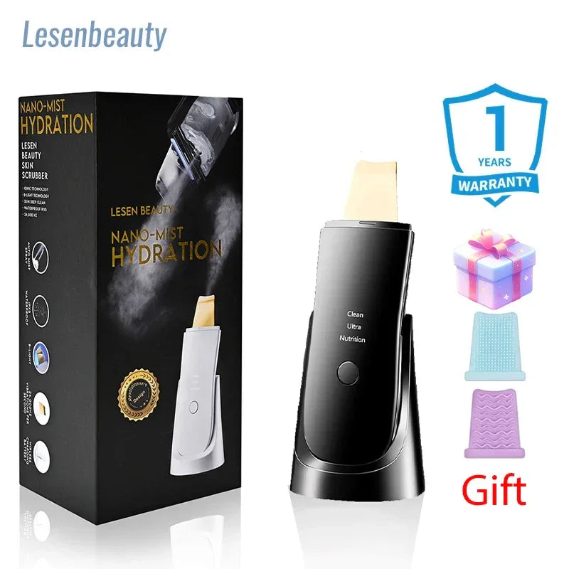 Ultrasonic Face Scrubber Facial Peeling Skin Scrubber Deep Facial Cleaning Spatula Acne Pore Ultrasonic Scrubber Facial Cleanser Black 24k gold head