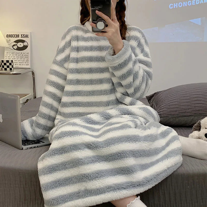 Ladies Nightwear Nightdress Autumn and Winter Coral Velvet Long Sleeve Plaid Dress Striped Student Flannel Dress Large Size