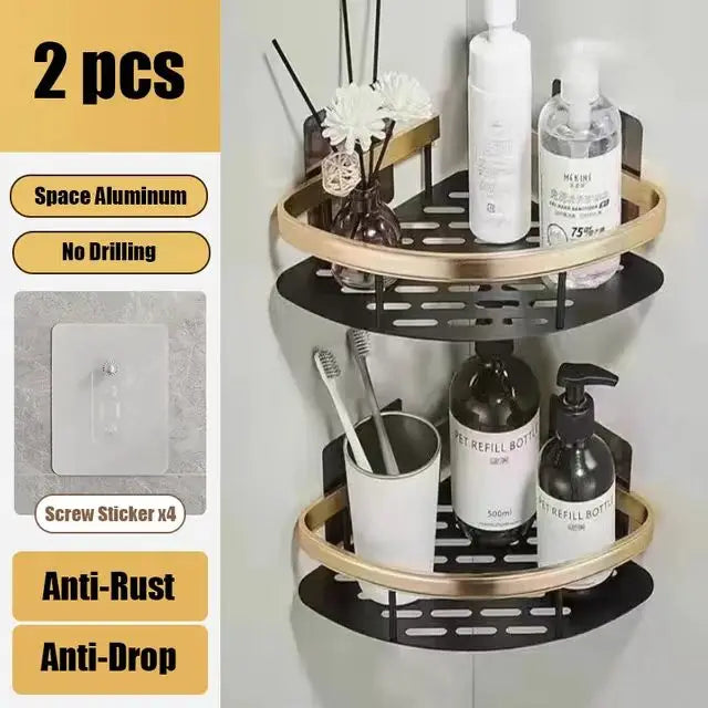 Bathroom Shelf No Drill Wall Mounted Shampoo Bottle Shower Corner Rack Toilet Storage Rack Aluminum Bathroom Kitchen Accessories golden Triangle 2pcs