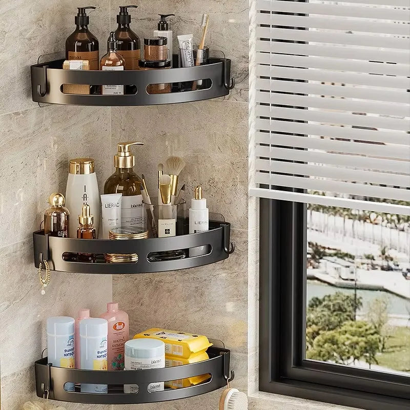 Black Adhesive Corner Shower Caddy with Drainage and Hooks