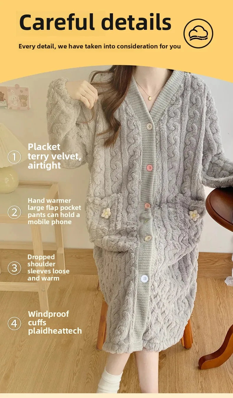 Thickened Flannel Sleepwear V-neck Home Clothes Women's Coral Fleece Robe Autumn Winter Patterned Fresh Flower Nightgown