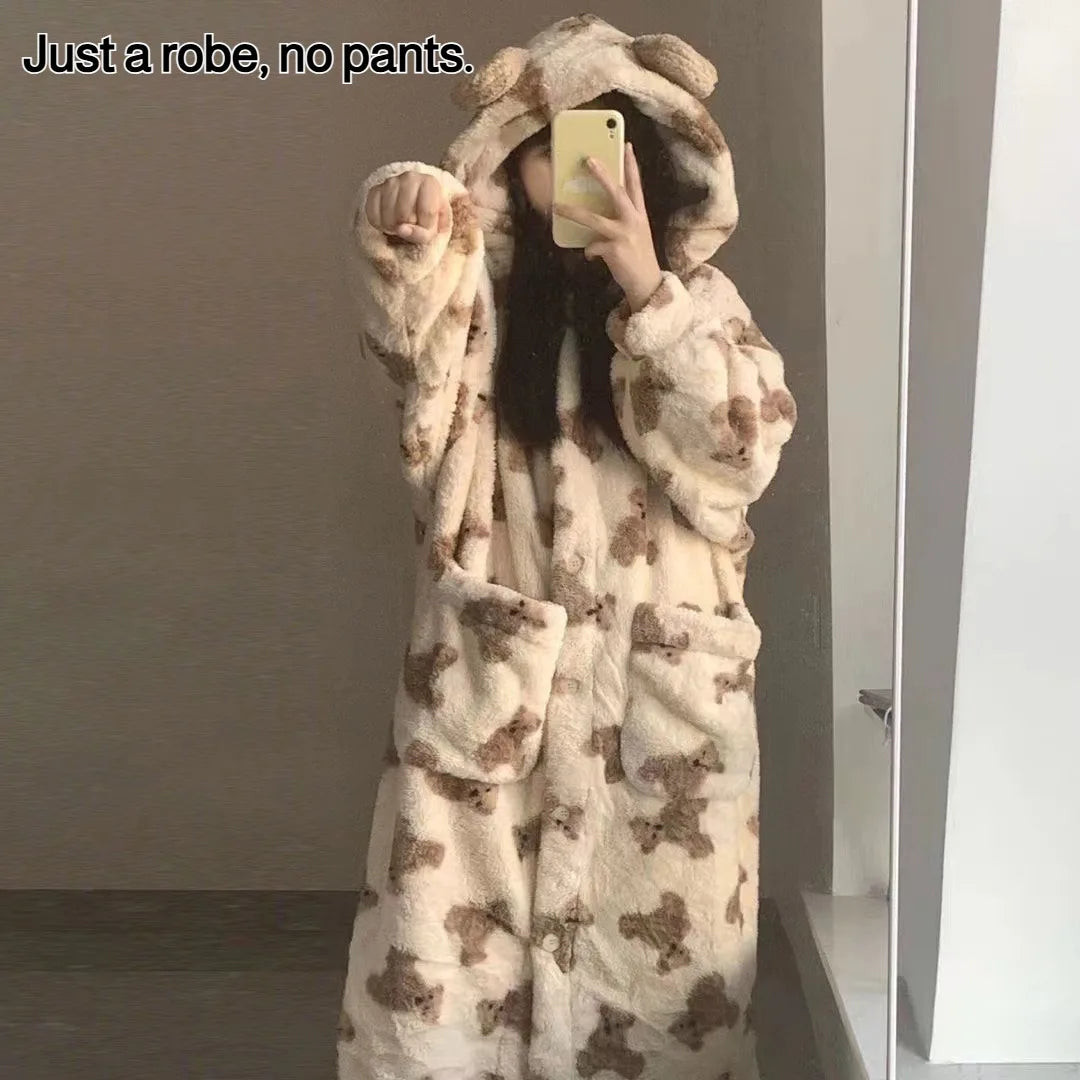 Women's Plush Hooded Pajama Dress Thickened Fleece Long Sleeve Nightgown Robe Winter Loungewear Home Bathroom Robe No Pants Bear