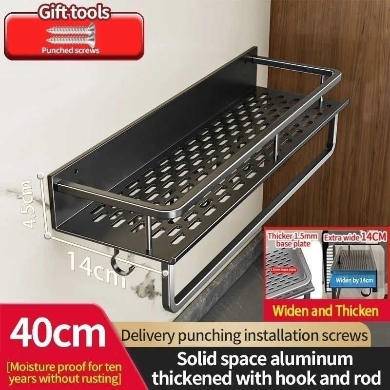Aluminum Kitchen Shelf Wall Mounted Spice Organizer Rust and Moisture Resistant Bathroom Toiletries Storage Racks 14 black 40cm pole