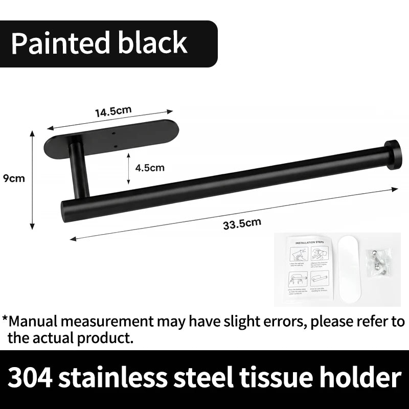 Kitchen Bathroom Storage 304 Stainless Steel Tissue Holder Waterproof No-Drill Strong Adhesive Paper Towel Rack For Cabinet Black
