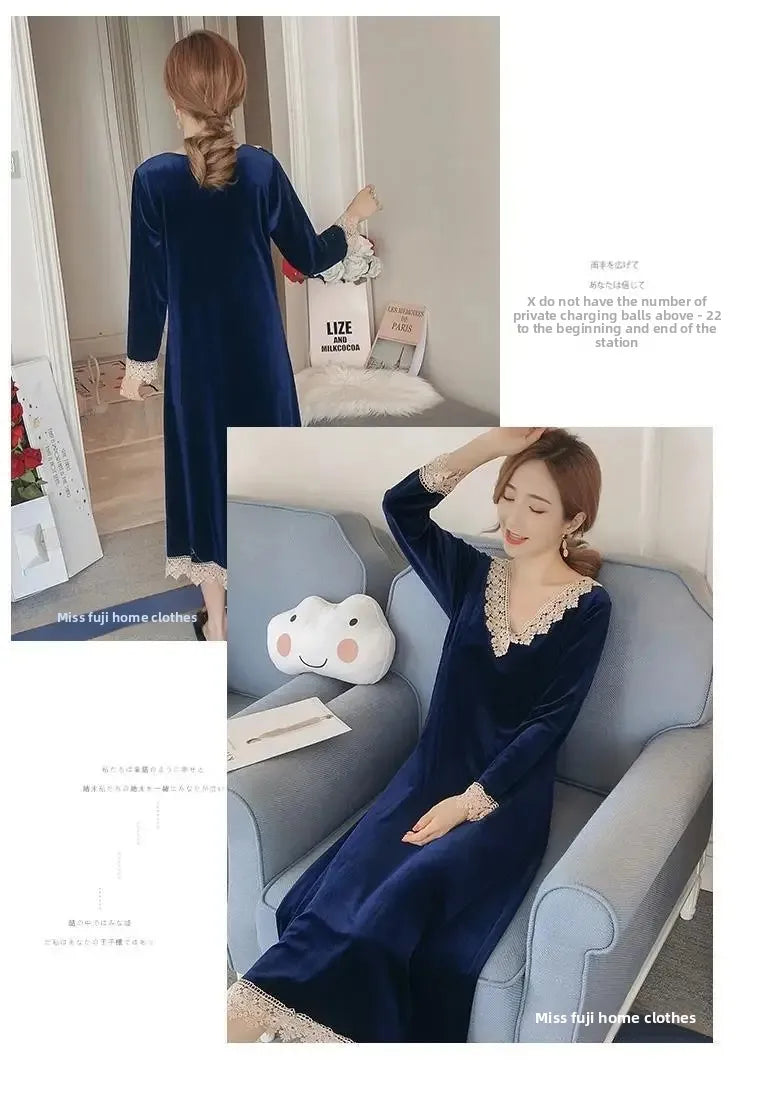 Plus Size 5XL Sleep Dress Women Winter Long Sleeve Sexy Luxury Velvet Spring Autumn Winter Style Korean Version Velvet Nightgown