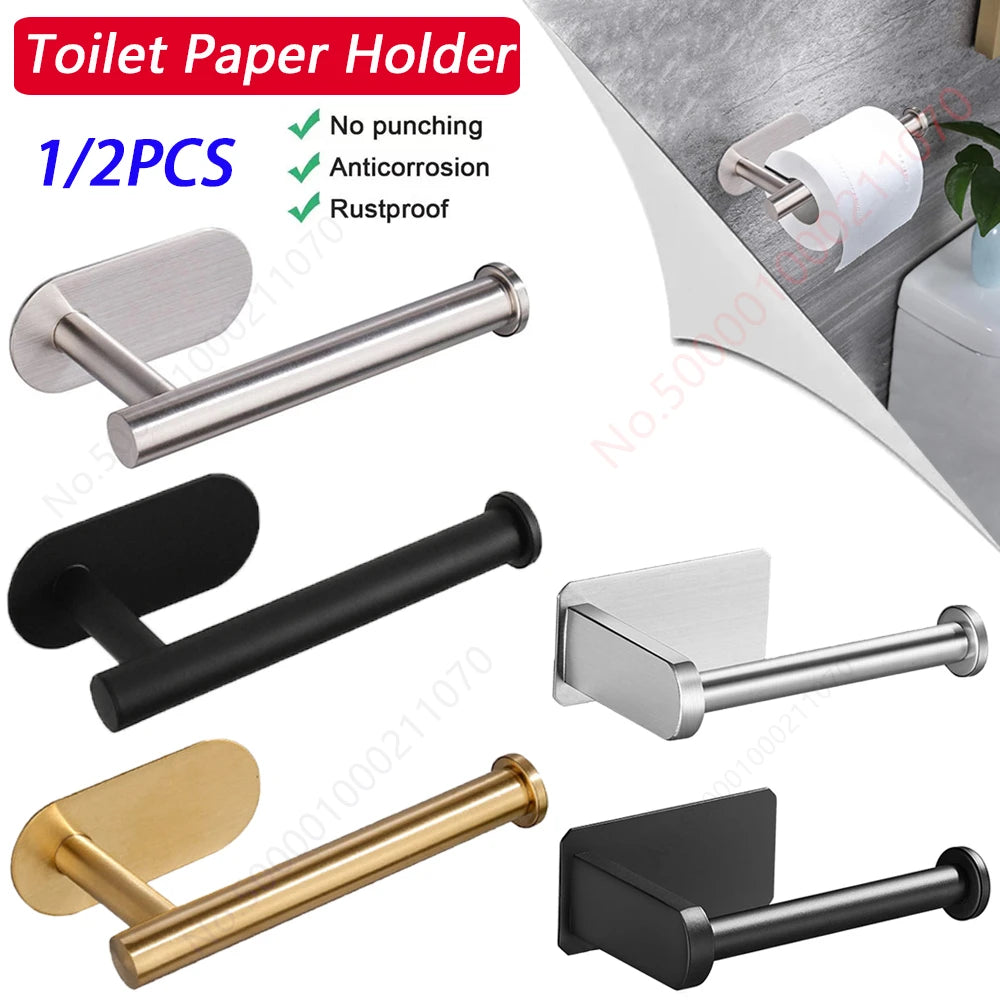 Stainless Steel Adhesive Toilet Roll Holder in Two Designs