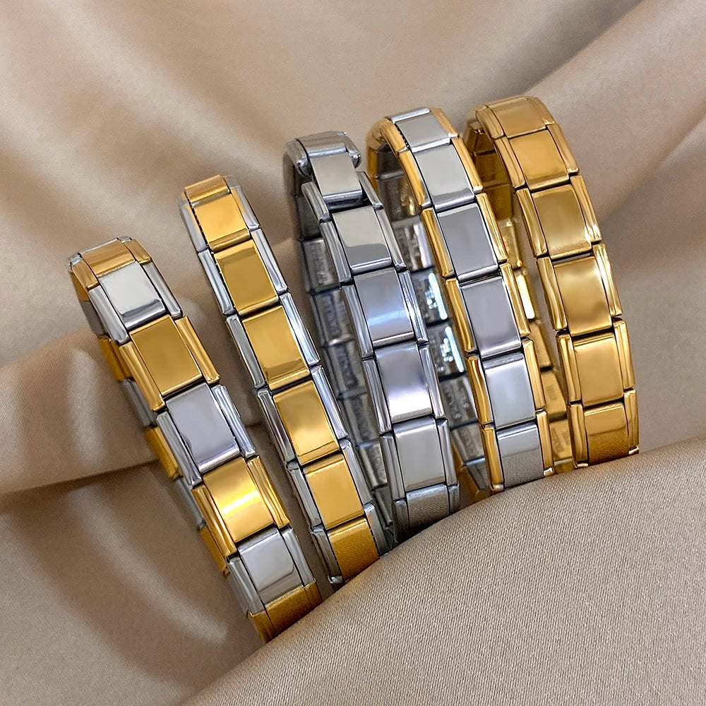 Italian Charm Starter Stainless Steel Bracelet For Women Men Stretchy Watchband Modular Links Chain Gold Color Bangle Wristband