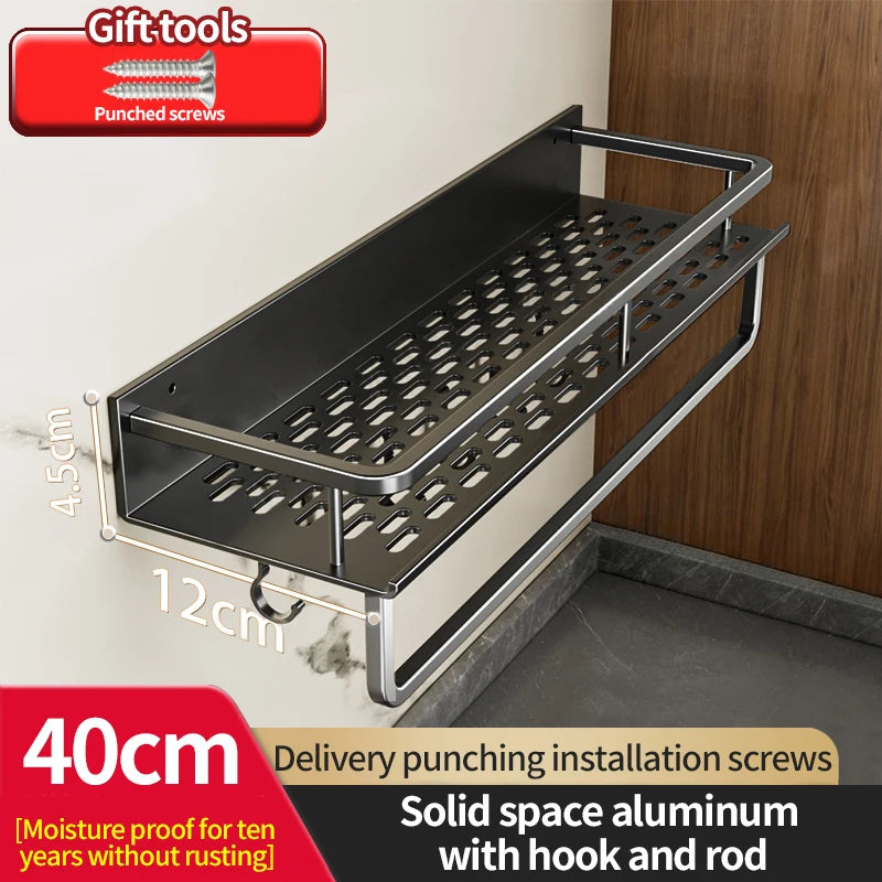 Aluminum Kitchen Rack Kitchen Shelf Toilet Storage No Drill Hanging Rack Bathroom Organizer Hang on the Wall Kitchen black pole 40cm