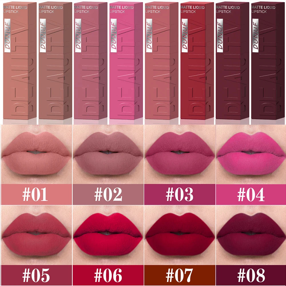 8-Color Matte Velvet Lip Gloss – Waterproof Plumping Lipstick, Smooth Easy-Apply Square Tube