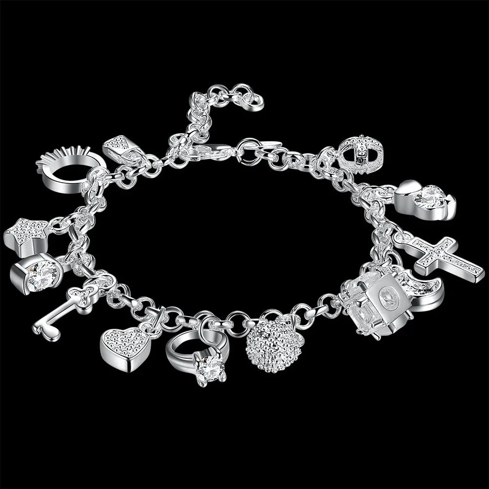 Fashion 925 Sterling Silver Bracelet for Woman Pretty Heart Zircon Pendant Chain Wedding Party Gifts Classic Jewelry 20CM 8inch 20cm 8inches